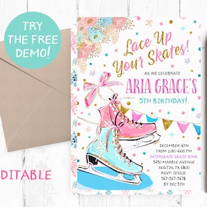 Editable Ice Skating Invitation, Ice Skates Birthday Party, Ice Skating Birthday Party, Ice Skating Invites, Ice Skating Editable Template,