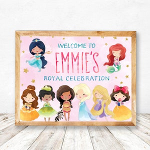 Decorações de festa de aniversário de princesa, festa de aniversário real para impressão, imprimíveis de festa de princesa, cartões de agradecimento, bandeirolas, sinal de boas-vindas, etiquetas