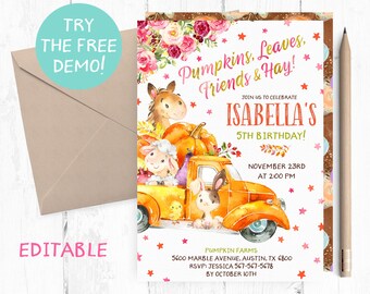 Pumpkin Farm Birthday Invitation, Fall Animals, Editable Template (PDF)