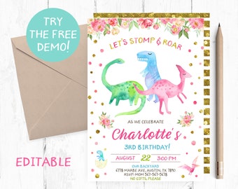 Dinosaur Birthday Invitation, Dinosaur Invitation, Dinosaur Birthday Invitation Printable, Girl Dinosaur Invites,Dinosaur Invitation, Invite