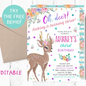 Oh Deer Birthday Invitation, Baby Girl Deer Invitations, Deer Birthday Party Invitation, Spring Deer Party Invites, Pink Deer Invite, Floral