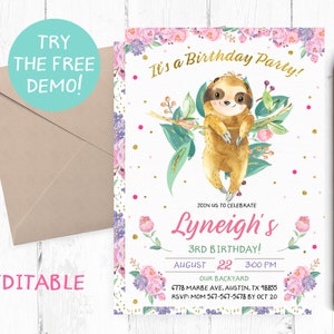 Editable Sloth Template, Sloth Birthday Party Invitation, Sloth Invitation Instant Download, Sloth Invite, Girl Sloth Editable Template,