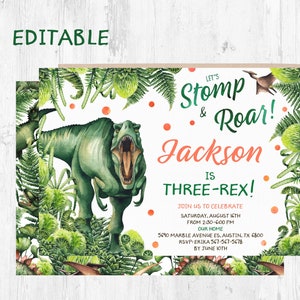 Editable T-Rex Third Birthday Invitation, THREE-Rex Dinosaur Invitation, THREE-Rex Birthday Party, THREE-Rex Editable Template, Instant,