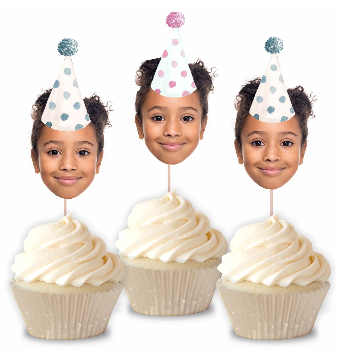 Custom Face Cupcake Toppers, Party Hat Face Cupcake Toppers, Sombrero