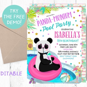 Puede incluir: Una colorida invitación para una fiesta en la piscina Panda-monium, celebrando el 5º cumpleaños de Isabella. El diseño presenta un panda con gafas de sol en un flotador rosa, una piscina y el texto "Try the Free Demo!" y "Editable".