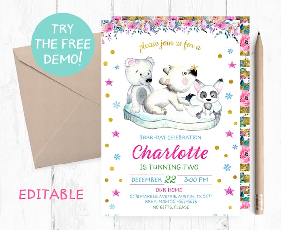 Arctic Animals Birthday Party Invitations, Winter Birthday Invitation, Brrr-day Invitations, Winter Party Invitations, Polar Animals Invite,