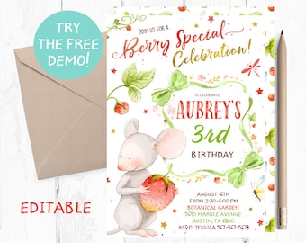 Strawberry Invitation, Berry Sweet Celebration Invitations, Strawberry Invitations, Strawberry Invites. Strawberry Birthday Party Invite,