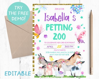 Editable Petting Zoo Invitation, Petting Zoo Invitation Template, Farm Animals Editable Invitations, Petting Zoo Instant Download, Invites,