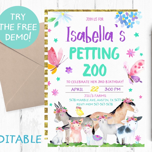 Editable Petting Zoo Invitation, Petting Zoo Invitation Template, Farm Animals Editable Invitations, Petting Zoo Instant Download, Invites,