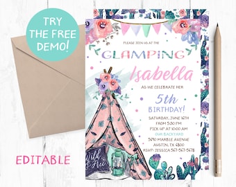 Editable Glamping Invitation, Glamping Girl Instant Invitation, Glamping Teepee Birthday Party, Glamping Teepee Template, Pastel Glamping,