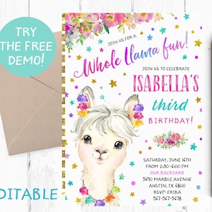 Editable Whole Llama Fun Invitation, Whole Llama Fun Invitation Template, Whole Llama Fun Instant Download, Llama Printable Invite, Digital,