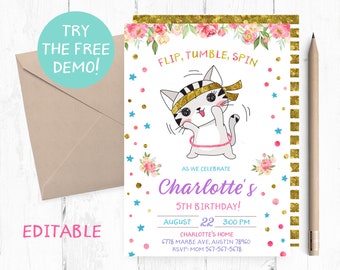 Gymnastics Kitten Birthday Invitation, Editable Kitty Party (Digital Download)