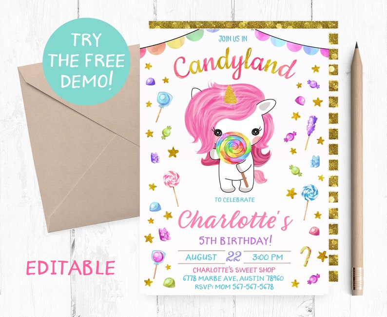 Unicorn Candyland Invitation Candyland Unicorn Invitations Etsy