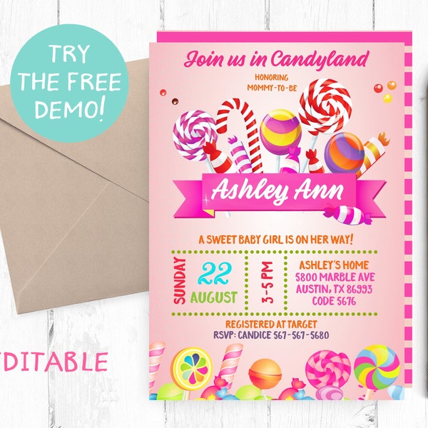 Editable Candyland Baby Shower Invitation, Sweet Shoppe Baby Shower Invitation, Sweet Baby Shower, Candyland Shower Template, Instant,