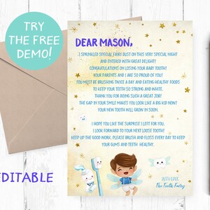 May include: A light blue card with gold stars and a message to Mason about losing a tooth. The message says "Dear Mason, I sprinkled special fairy dust on this very special night and entered with great delight! Congratulations on losing your baby tooth! Your parents and I are so proud of you! You must be brushing twice a day and eating healthy foods to keep your teeth so strong and white. Thank you for doing such a great job! The gap in your smile makes you look like a big kid now! Your new tooth will grow in soon. I hope you like the surprise I left for you. I look forward to your next loose tooth! Keep up the good work, please brush and floss every day to keep your gums and teeth healthy. With love, The Tooth Fairy."
