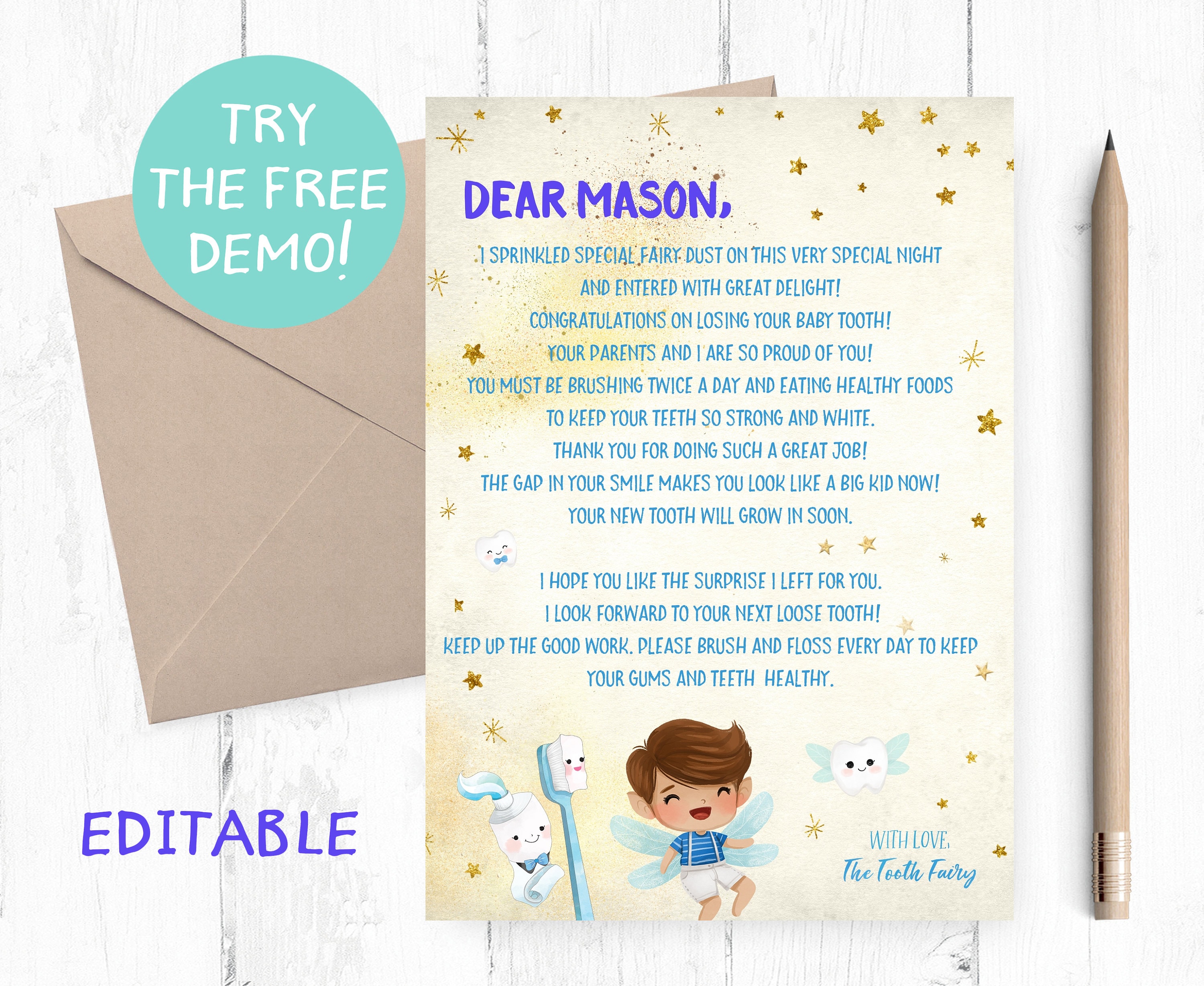 EDITABLE Brunette Boy Tooth Fairy Set Tooth Fairy Editable - Etsy