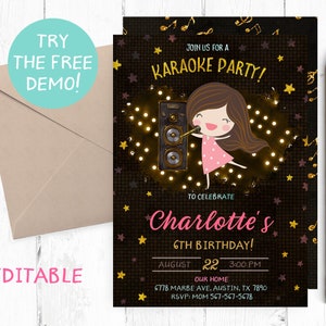 Editable Brunette Girl Karaoke Invitation, Karaoke Birthday Party Invitation, Karaoke Editable Template, Karaoke Invite, Karaoke Instant,