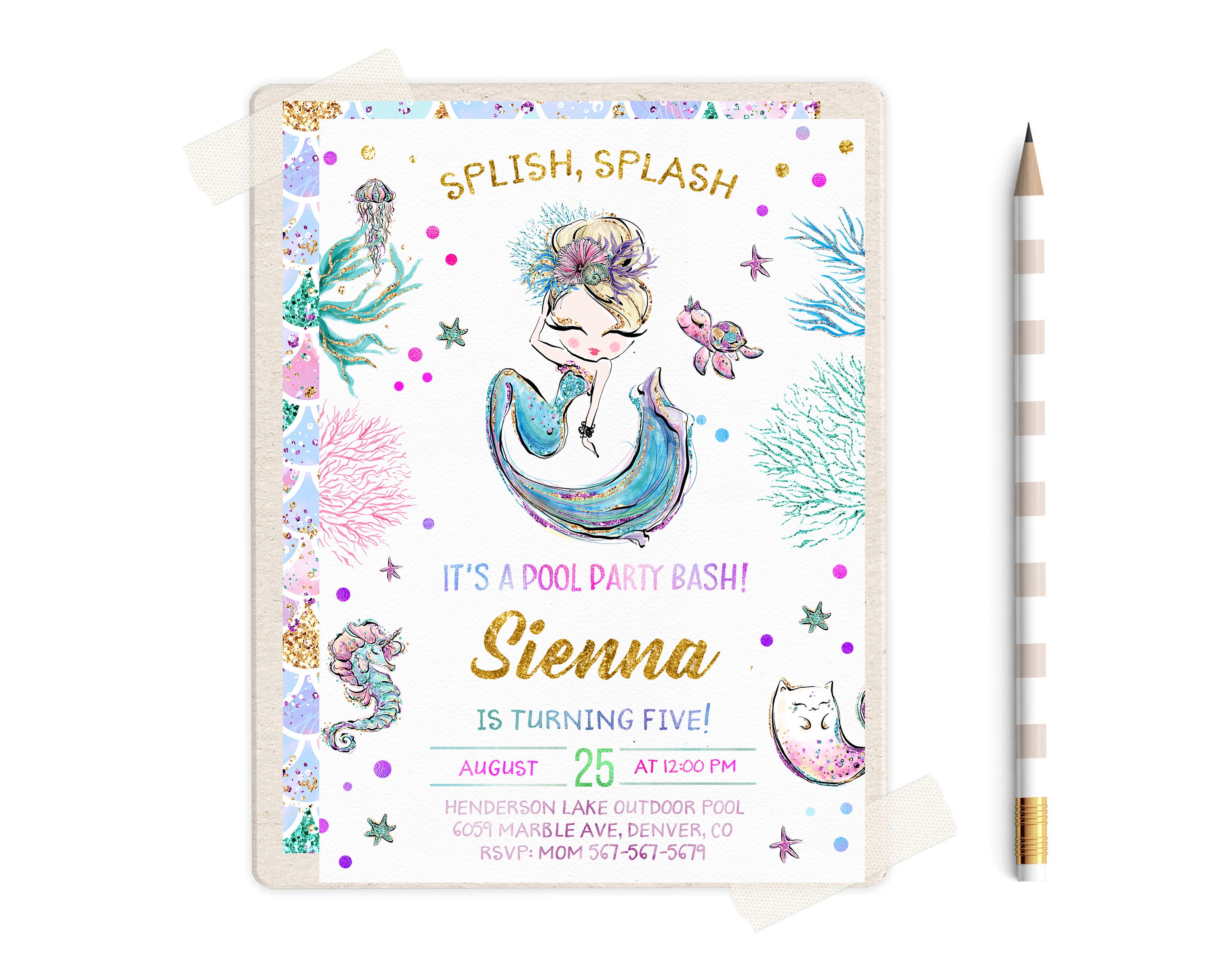 Glitter Mermaid Invitation Mermaid Pool Party Printable | Etsy