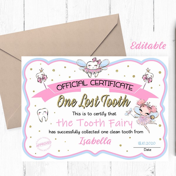 EDITABLE Pink Hair Tooth Fairy Certificate, Tooth Fairy Certificate Editable, Tooth Fairy Certificate Instant Download, Tooth Fairy Record,