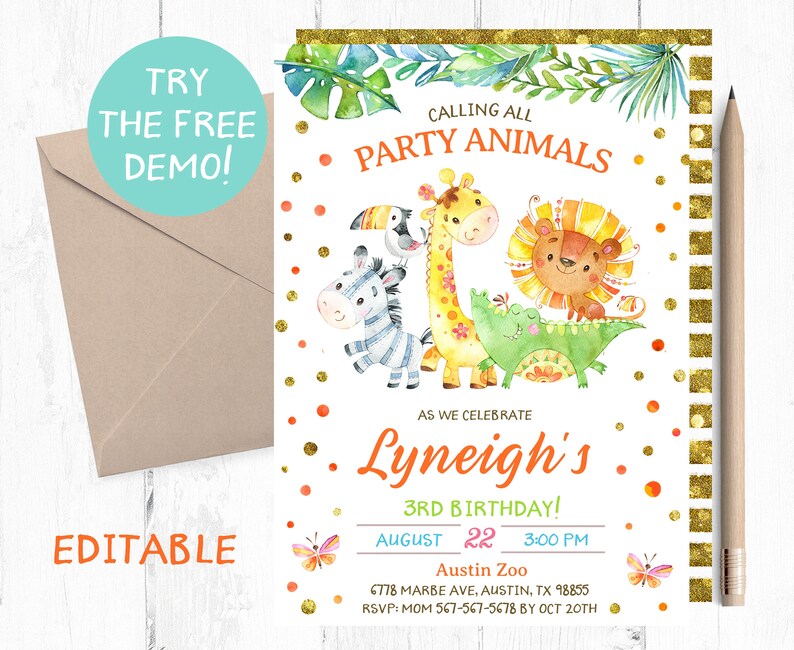 Zoo Animals Birthday Invitation Zoo Themed Birthday Party Etsy