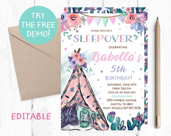 Bewerkbare Tippelpartij Uitnodiging, Glamping Sleepover Instant Template, Tipepee Sleepover Instant Template, Tipi Birthday Party, Texting
