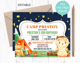 Plantilla editable de invitación de cumpleaños para acampar (5 x 7 pulgadas)