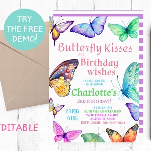 May include: A birthday invitation with a butterfly theme, featuring watercolour illustrations in purple, blue, green, and orange. The text reads "Butterfly Kisses and Birthday wishes" with event details. A pencil and envelope are also visible.