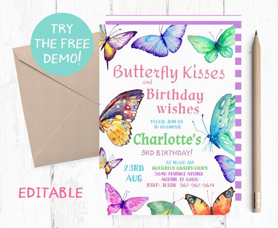 Butterfly Invitation, Butterfly Birthday Invitations, Butterfly invites, Butterfly invite, Butterflies Birthday Party,  Butterfly kisses,