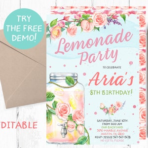 Pink Lemonade Birthday Party Invitations, Pink Lemonade Invitation, Pink Lemonade Invites, Pink Lemonade Invite, Lemonade Invitations,