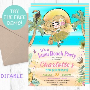 Editable Luau Beach Party Invitation, Luau Beach Party Template, Luau Beach Instant Invitation, Hawaiian Beach Party Invitation, Printable,