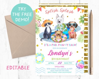 Op de afbeelding: Een kleurrijke uitnodiging voor een zwembadfeest met een pootprintthema. De uitnodiging toont een cartoonillustratie van vier honden die zonnebrillen en zomerkleding dragen, met de tekst "Splish Splash It's a Pool Paw-ty Bash! Join us celebrate Londyn's 8th Birthday! April 22 3:00 PM YMCA Pool 5678 Marble Ave, Austin, TX 5677 RSVP: Mom 567-567-5678 Don't forget your swimmers!"