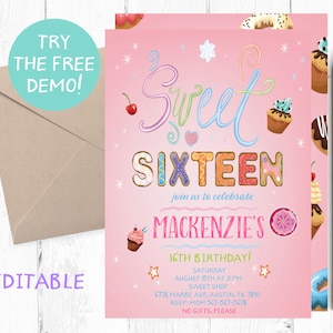 Editable Sweet Sixteen Invitation, Sweet 16 Birthday Party Invitation, Sweet 16 Invitation Template, Sweet 16 Editable Template, Invite,