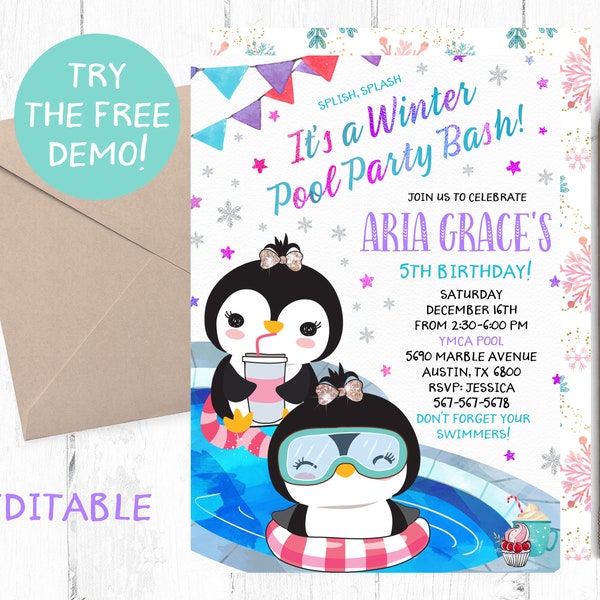 Editable Penguin Pool Party Invitation, Penguins Pool Party Bash, Holiday Pool Party, Winter Pool Party Invitation, Winter Pool Instant,