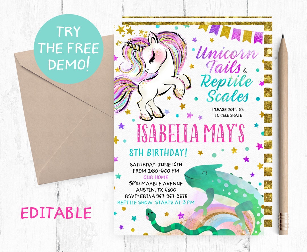 Editable Unicorn and Reptiles Invitation, Unicorn Reptiles Birthday ...