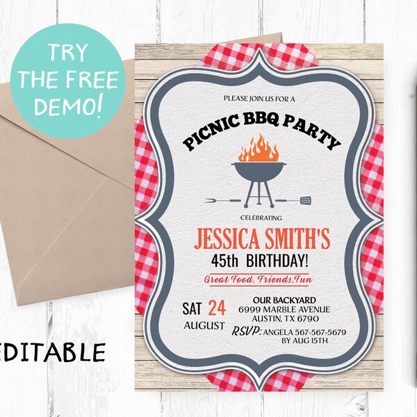 Editable BBQ Picnic Template, BBQ Picnic Invitation Instant Download, BBQ Printable Invitation, Bbq Picnic Party Invites, Bbq Family Party,