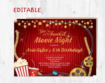 Invitation de nuit de film editable, invitation de fête d'anniversaire de nuit de film, modèle d'édition de nuit de film, téléchargement instantané d'invitation de film,
