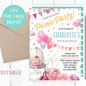 Editable Bunny Picnic Invitation, Picnic Bunny Birthday Party Invitation, Bunny Park Invitation, Park Bunny Birthday Party, Bunny Template,