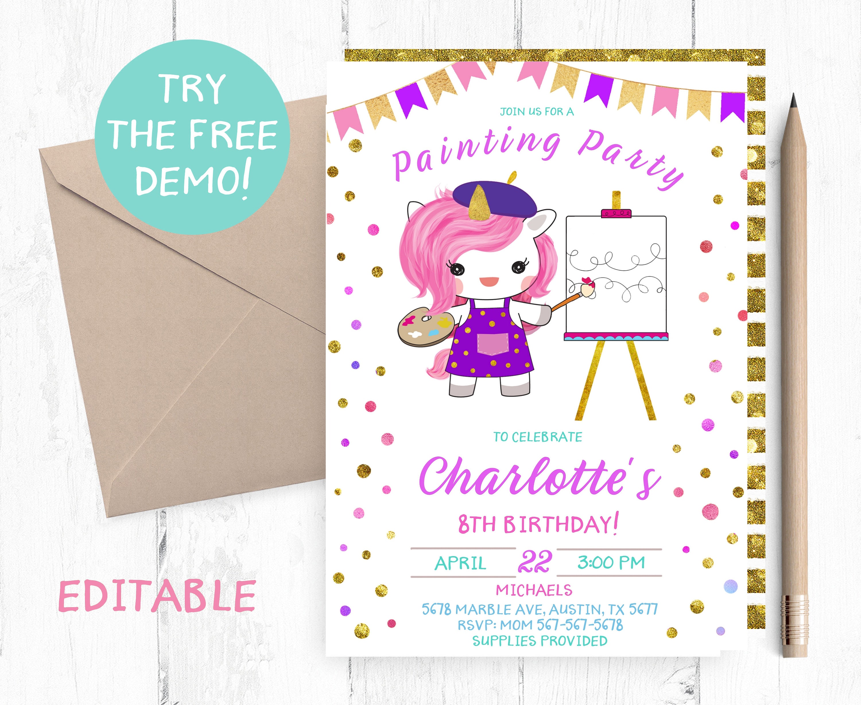 Unicorn Art Party Birthday Invitations Let's Create a - Etsy Israel