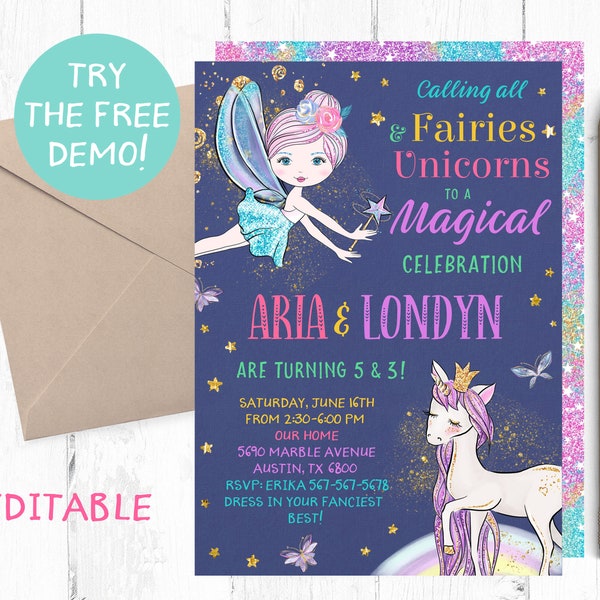 Fairies and Unicorns Invitations, Fairy Unicorn Invitations, Fairy Unicorn Invitation,  Fairy Unicorn Invites, Fairy Unicorn Invite, Magical