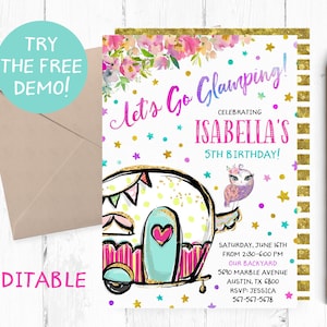 Editable Glamping Invitation, Editable Camping Template, Glamping Invitation Template, Glamping Instant Download, Glamping Printable, Invite