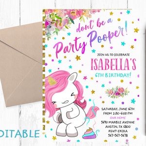 Editable Unicorn Party Pooper Invitation, Unicorn Poop Invitation, Party Pooper Instant Download, Party Pooper Printable, Funny Unicorn, image 2