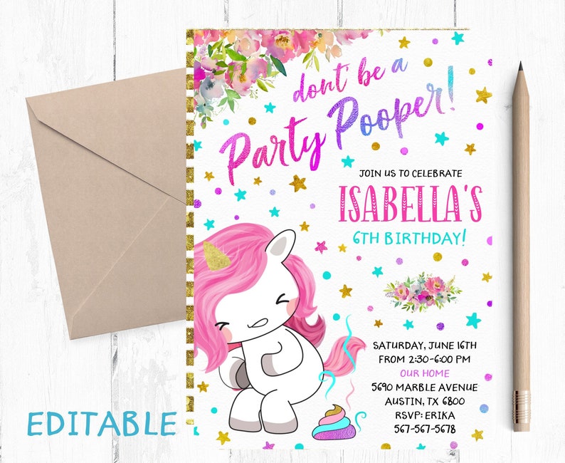 Editable Unicorn Party Pooper Invitation, Unicorn Poop Invitation, Party Pooper Instant Download, Party Pooper Printable, Funny Unicorn, image 2