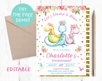 Dinosaur Invitation Printable, Dinosaur Birthday Invitation Girl, Dinosaur Invitation, Dinosaur First Birthday, Dinosaur Party Invitations,