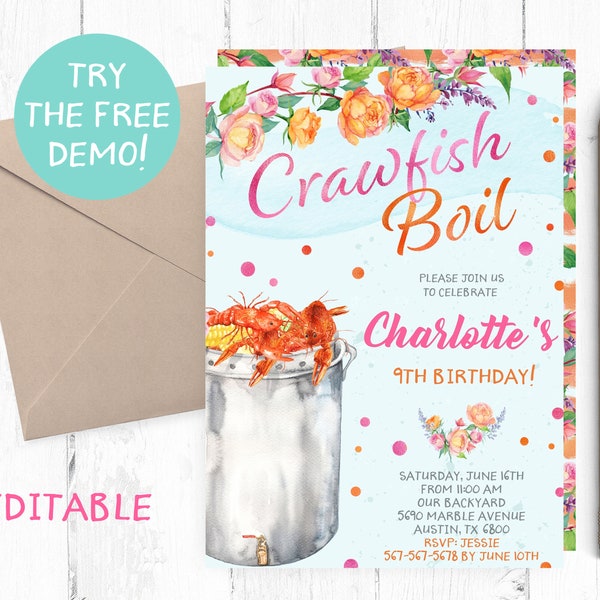 Editable Floral Crawfish Boil Invitation, Crawfish Boil Invitation Instant Download, Crawfish Boil Editable Template, Crawfish Boil Party,