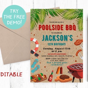 Editable BBQ Pool Party Invitation, BBQ Pool Birthday Party, BBQ Pool Editable Template, Barbecue Pool Instant Download, Pool Bbq Texting,