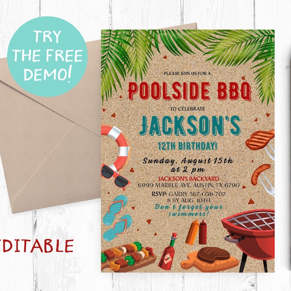 Editable BBQ Pool Party Invitation, BBQ Pool Birthday Party, BBQ Pool Editable Template, Barbecue Pool Instant Download, Pool Bbq Texting,