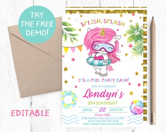 Unicorn Pool Party Birthday Invitation (Printable Download)