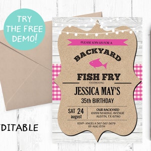May include: A brown and white woodgrain background with a pink and white gingham pattern on the side. A brown paper cutout with a pink banner that says "Please join us for a Backyard Fish Fry celebrating Jessica May's 35th Birthday". The text "Sat 24 August" is in a white box. The text "Our Backyard 6999 Marble Avenue Austin, TX 6790" is in a white box. The text "RSVP: Angela 567-567-5679 by Aug 15th" is in a white box.