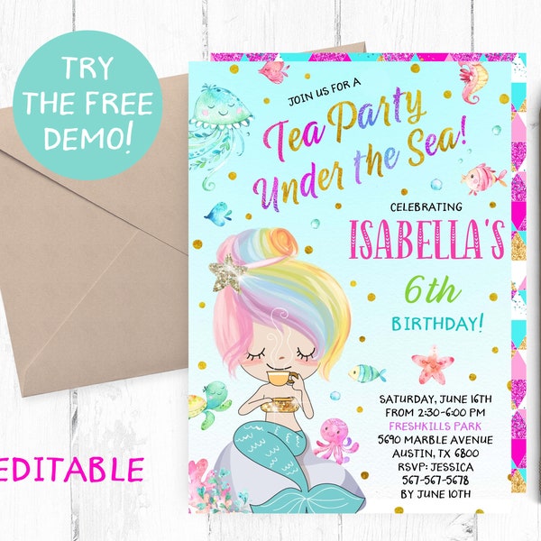 Editable Mermaid Party Invitation, Mermaid Tea Party Template, Tea Party Under the Sea Template, Tea Party Mermaids Template, Instant Invite