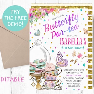 Editable Butterfly Par-tea Invitation, Butterfly Par-tea Birthday Party, Butterfly Tea Party Invitation, Butterfly Tea Instant Template,